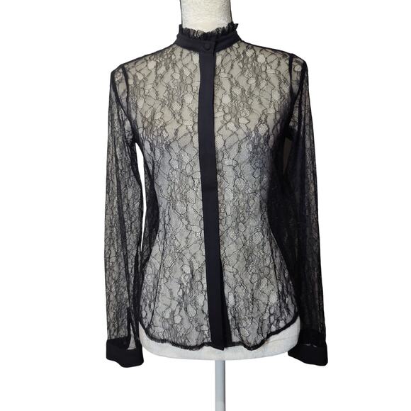 Bebe Women's Sz XS Black Sheer Lace Button Up Shirt Ruffle High Neckline - Picture 1 of 6